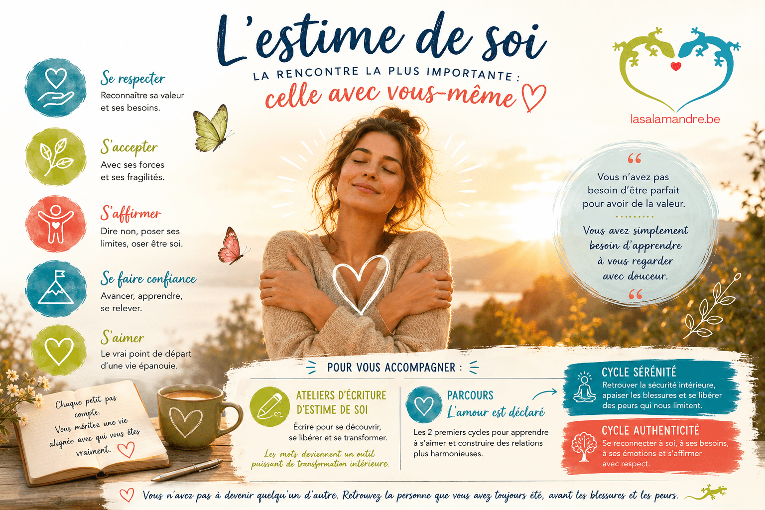 Femme souriante développant son estime de soi grâce à un travail de développement personnel.